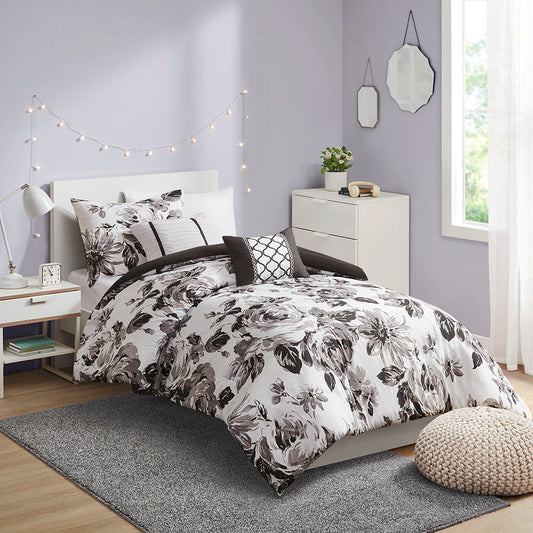 Dorsey - Twin Floral Print Comforter Set - Black / White Intelligent Design