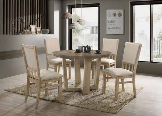 Brutus - 5 Piece Wide Contemporary Round Dining Table With Wheat Colored Fabric Chairs (Set of 5) - Vintage Walnut Lilola Home