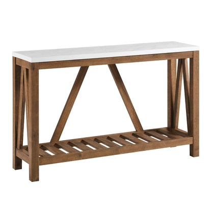 Farmhouse A Frame Faux Marble Entry Table With Lower Shelf - White / Walnut