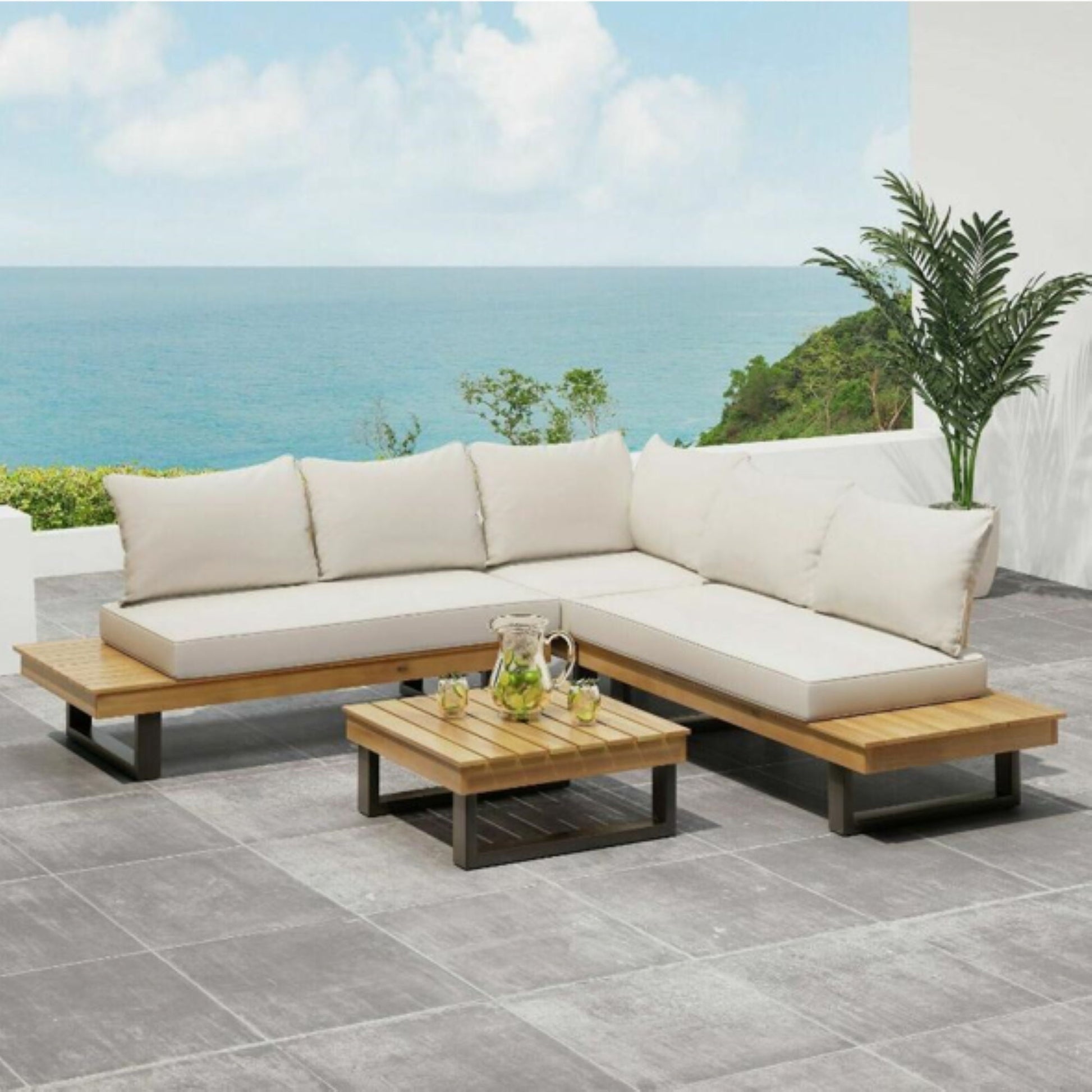 Sebastian - Hand Crafted 4 Piece Sofa Set With Water Resistant Cushions - Beige / Teak Noble House