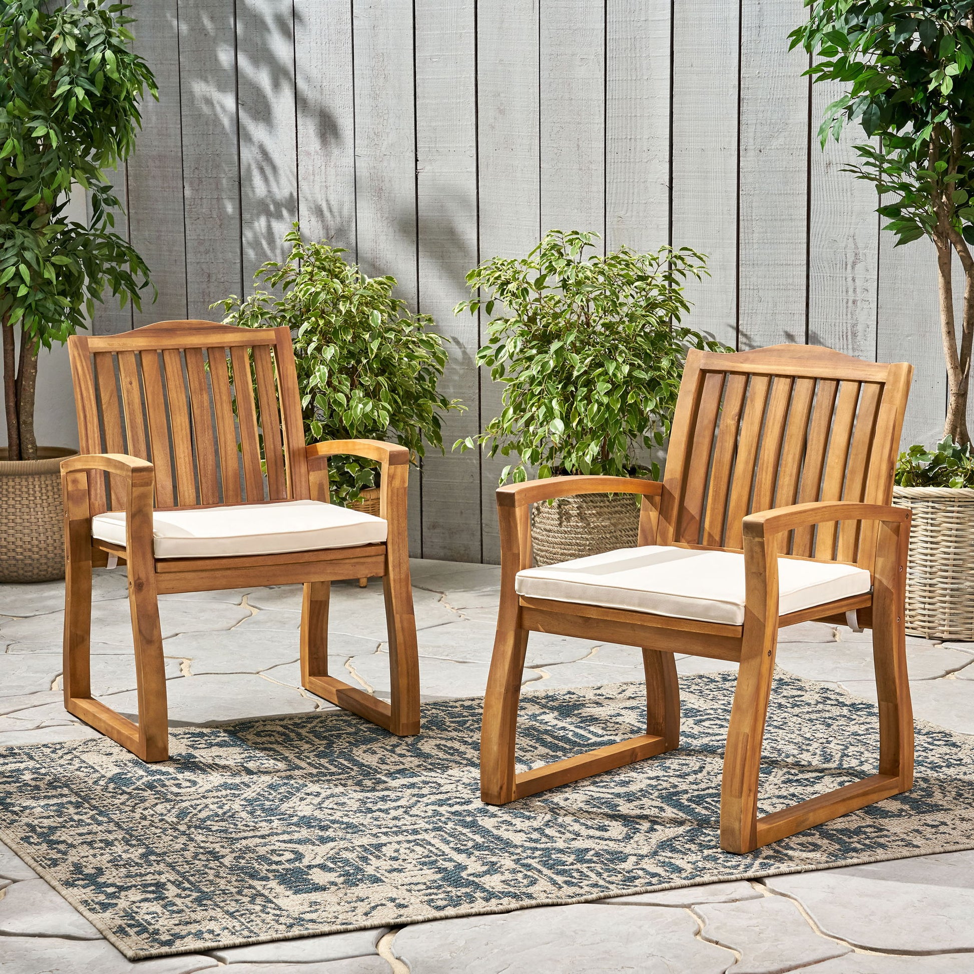 Della - Wood Armchair (Set of 2) Outdoor Dining Chairs - Cream Noble House