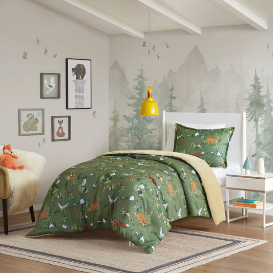 Heath - Forest Animals Plush Reversible Twin Comforter Set - Green