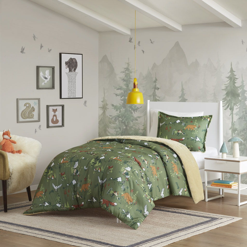 Heath - Forest Animals Plush Reversible Comforter Set - Green Mi Zone Kids