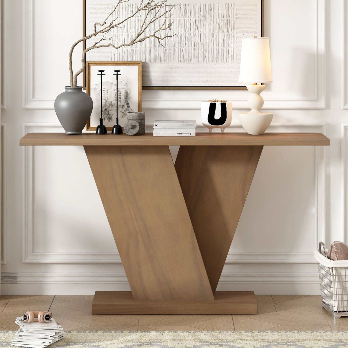 Console Table With V Shape Base, Sculptural Entryway Accent Noble House