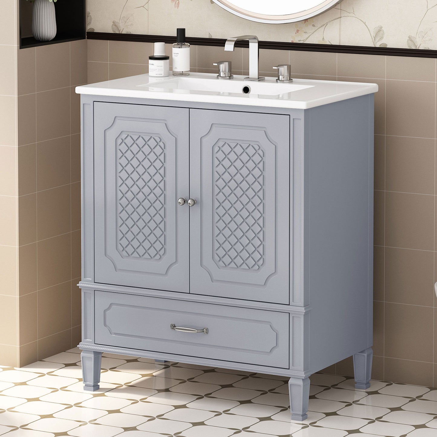 Vintage Style Bathroom Vanity With Sink, Multi Functional Storage, Soft-Closing Door Noble House
