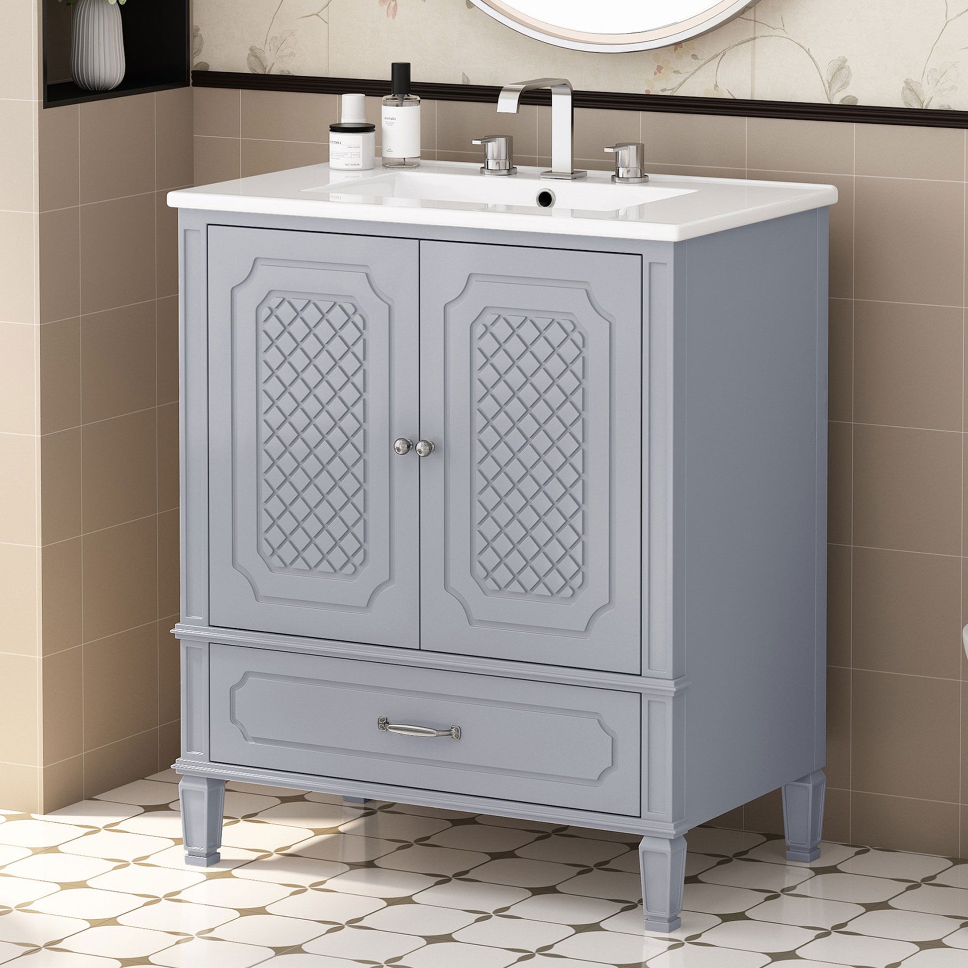 Vintage Style Bathroom Vanity With Sink, Multi Functional Storage, Soft-Closing Door Noble House