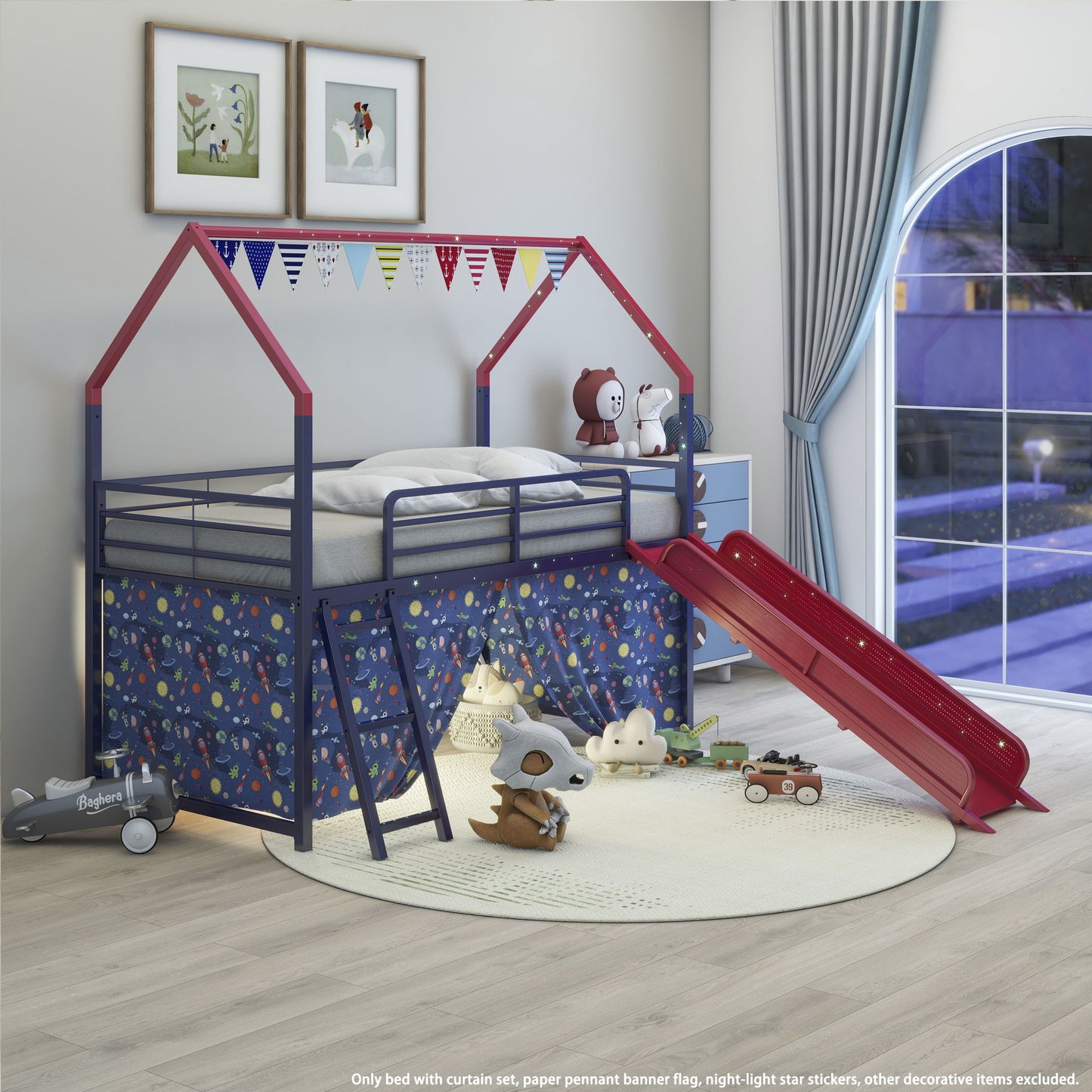 Jack - House Loft Bed With Slide And Curtain Set House & Home Furniture