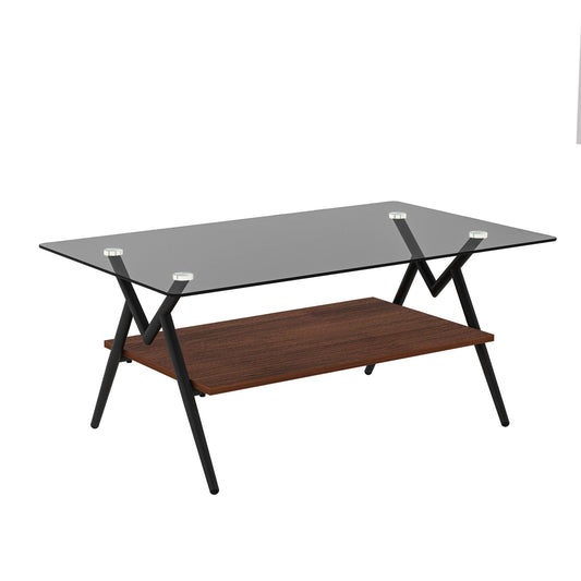 Rectangle Coffee Table With Tempered Glass Top And MDF Shelf, Modern Table For Living Room Home Essentials