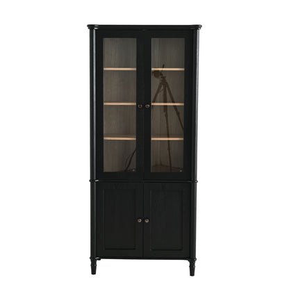 Vintage Display Cabinet With Double Glass Doors, Traditional Style For Collectibles, Ash Wood Veneer, 73.25" Tall - Black / Natural Hearth and Haven