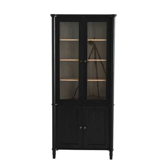 Vintage Display Cabinet With Double Glass Doors, Traditional Style For Collectibles, Ash Wood Veneer, 73.25" Tall - Black / Natural Hearth and Haven
