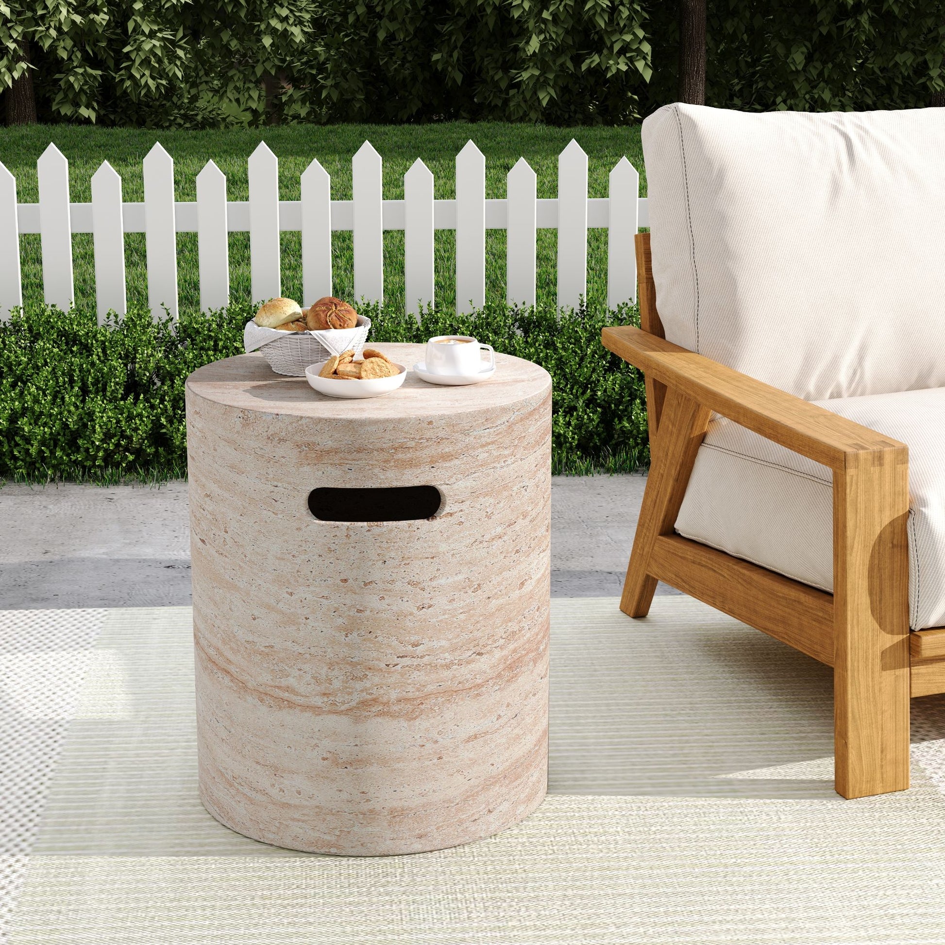 Modern Concrete Side Table With Travertine, Indoor / Outdoor Use - Beige Noble House