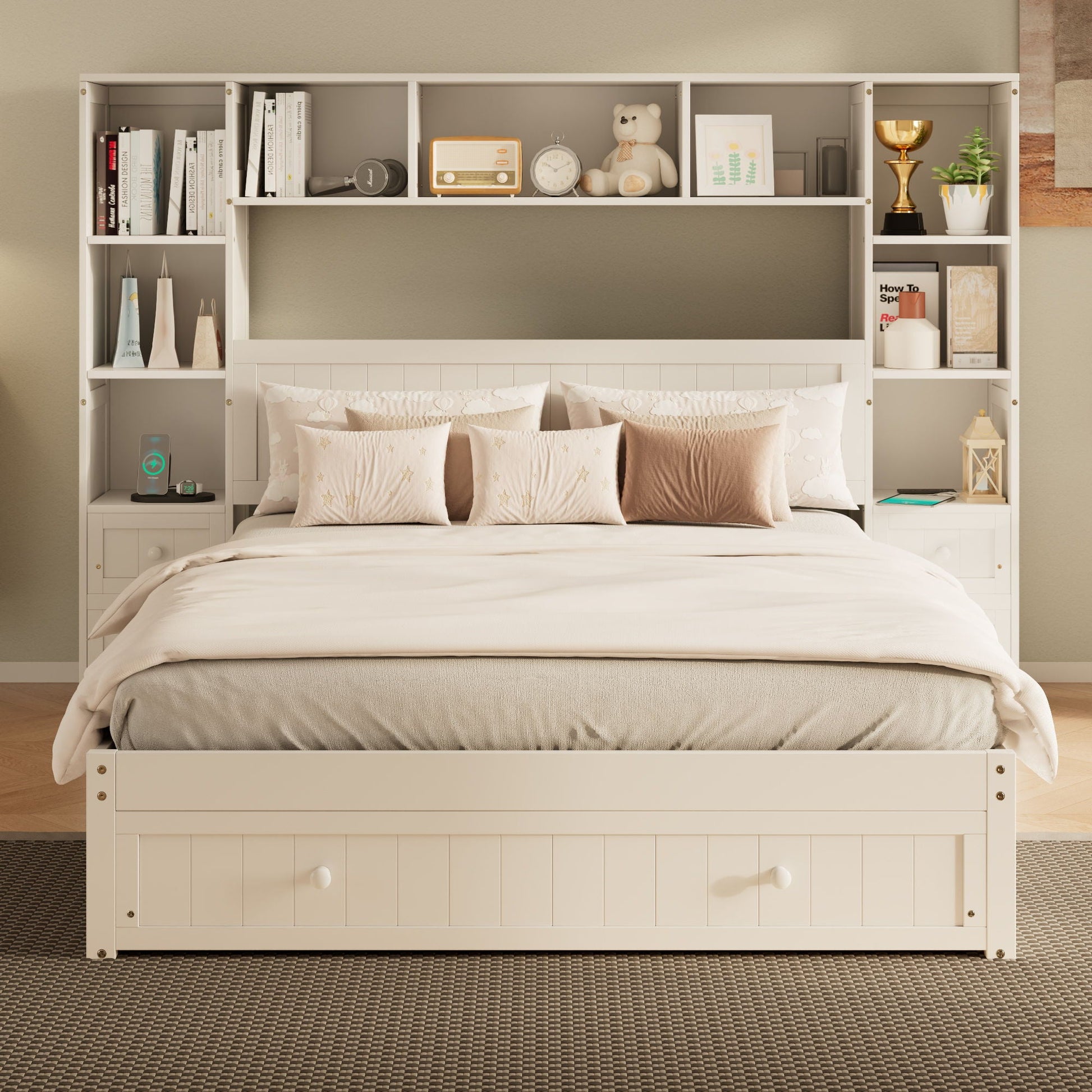 Platform Bed With All In One 2 Nightstand, Storage Shelf And Cabinet Bookcase With 2 Charging Stations Hearth and Haven