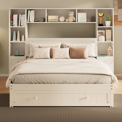 Platform Bed With All In One 2 Nightstand, Storage Shelf And Cabinet Bookcase With 2 Charging Stations Hearth and Haven