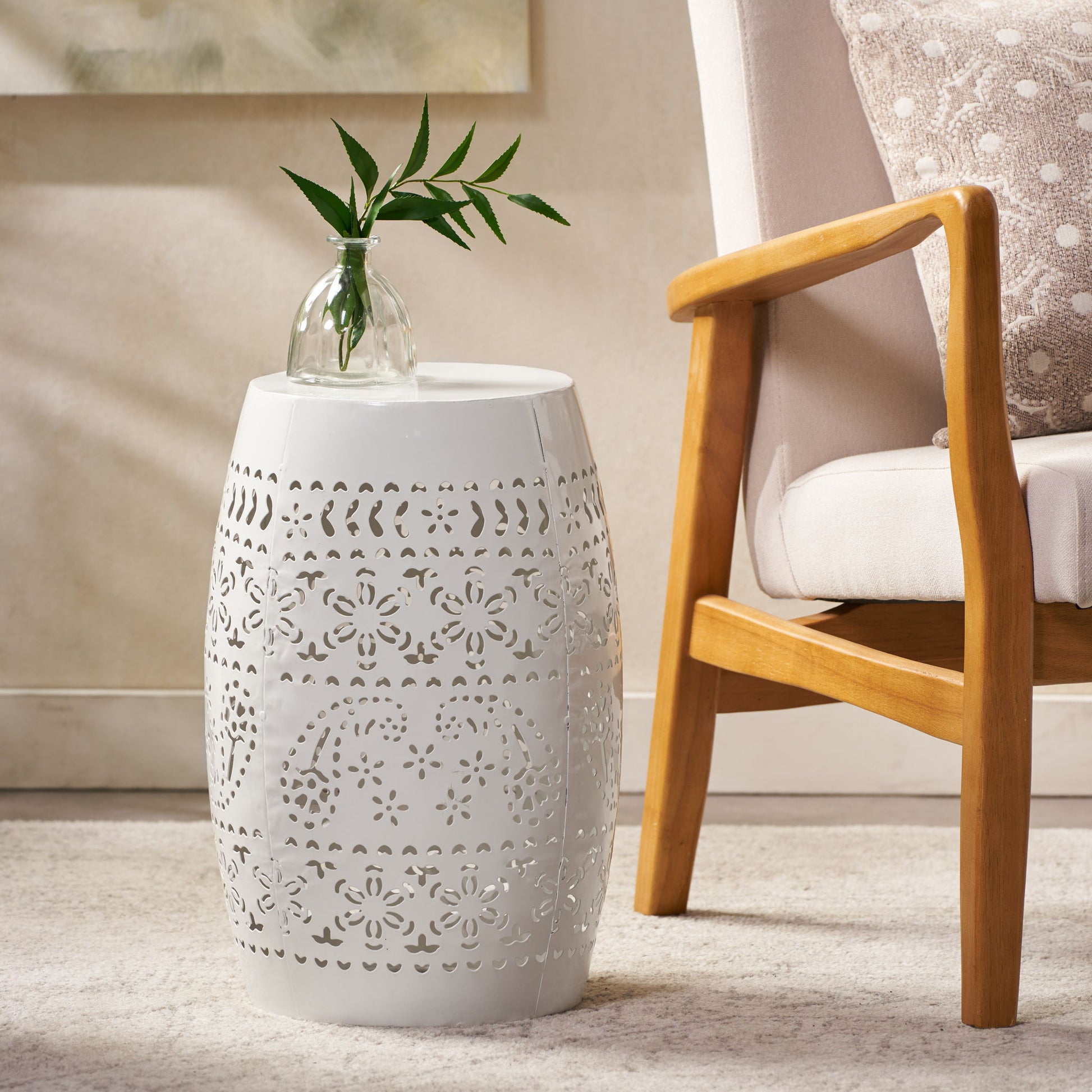 Transitional Ruby - Side Table With Lace Cut Design - White Noble House