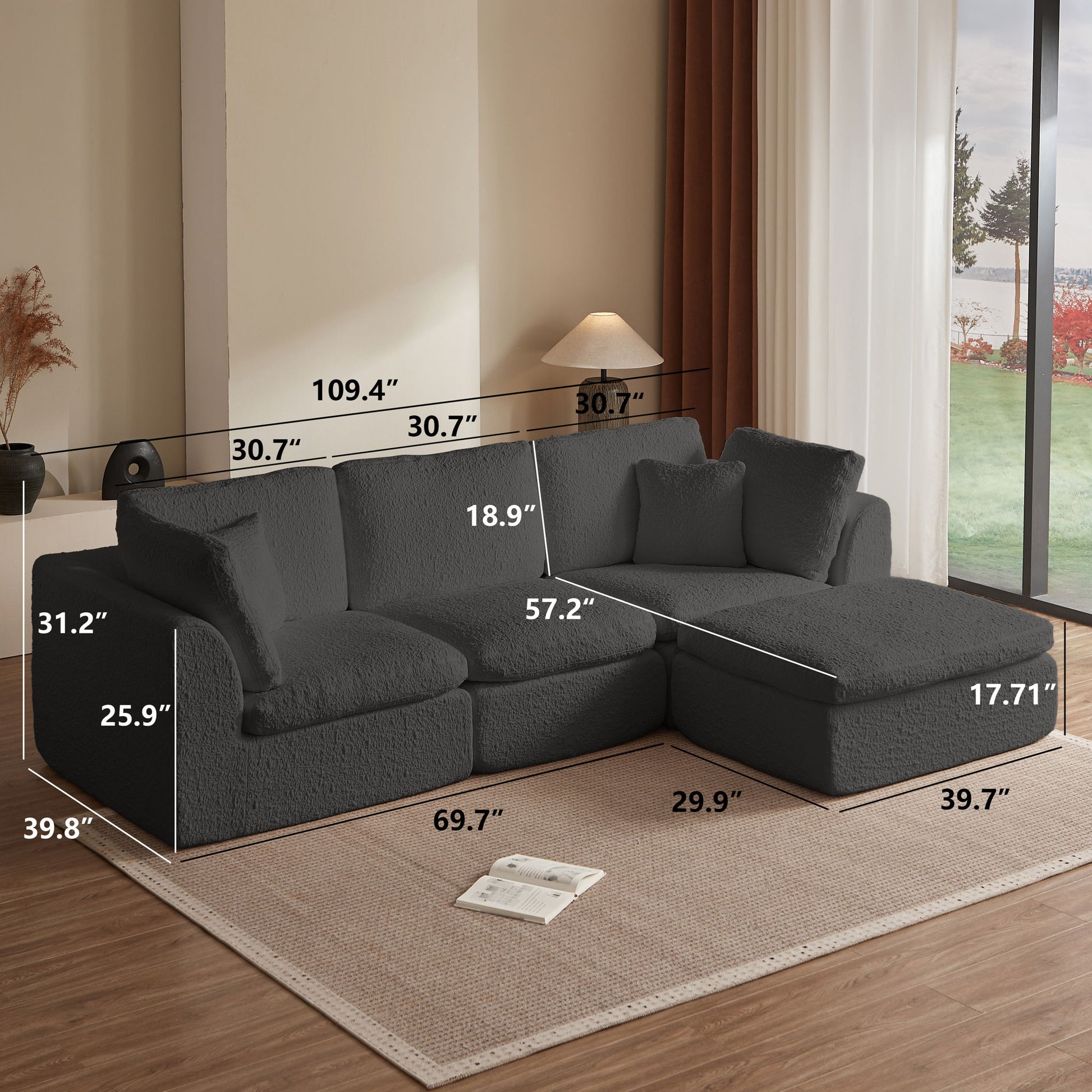 Cloud Sectional Couch, Convertible With Ottoman, 3 Seater Modular Design Home Essentials