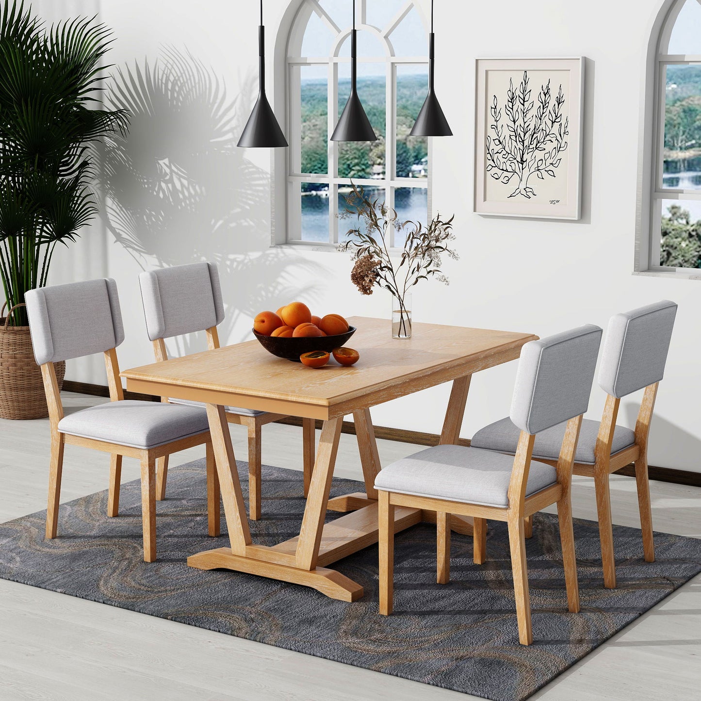 Topmax - 5 Piece Rustic Dining Table Set With 4 Upholstered Chairs, Rectangular Dining Table With Trestle Table Base