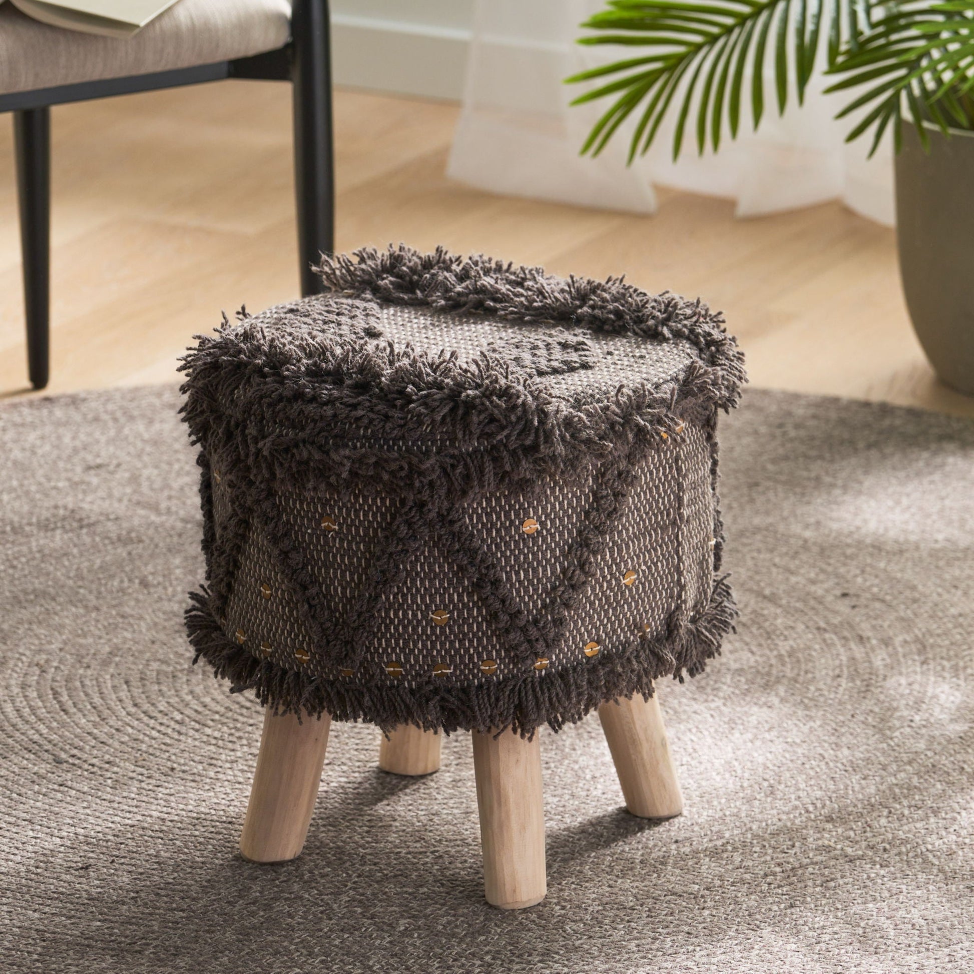 Roja - Handcrafted Wool & Cotton Foot Stool With Eucalyptus Wood Frame - Dark Brown Noble House