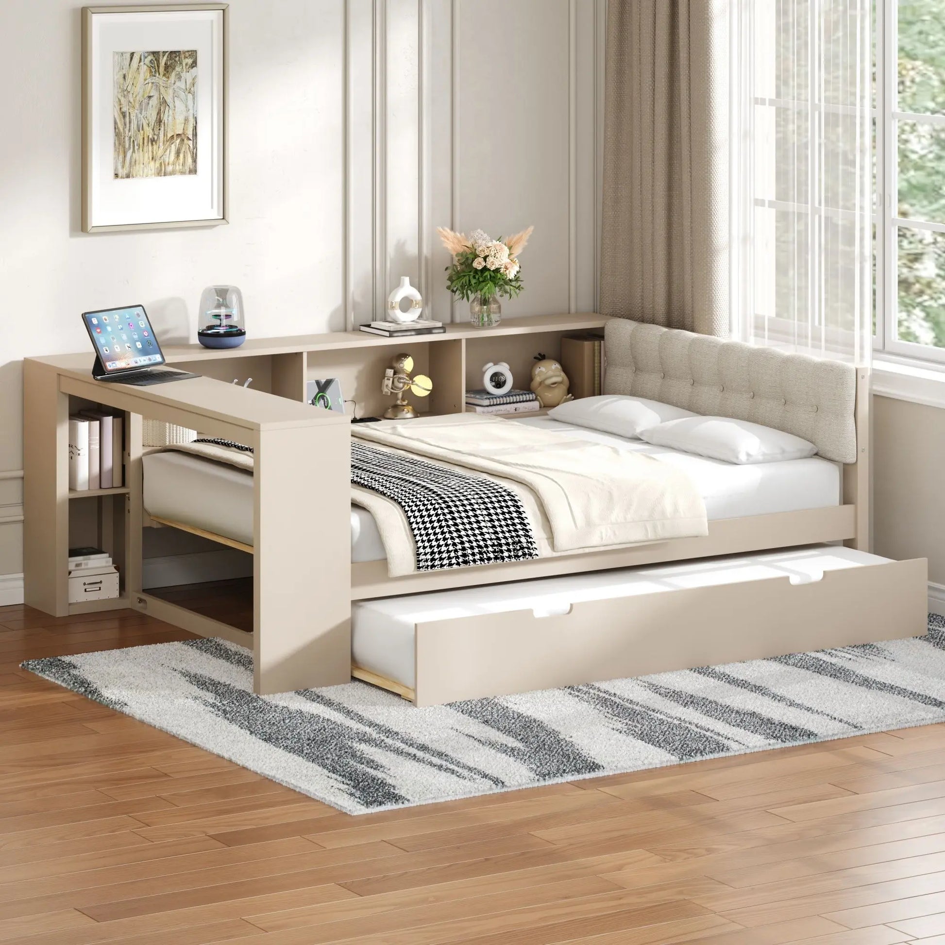 Upholstered Headboard Platform Bed With Storage Shelves, Trundle, Charging Station Hearth and Haven