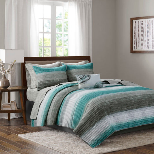 Saben - King Complete Reversible Coverlet And Sheet Set - Aqua Madison Park Essentials