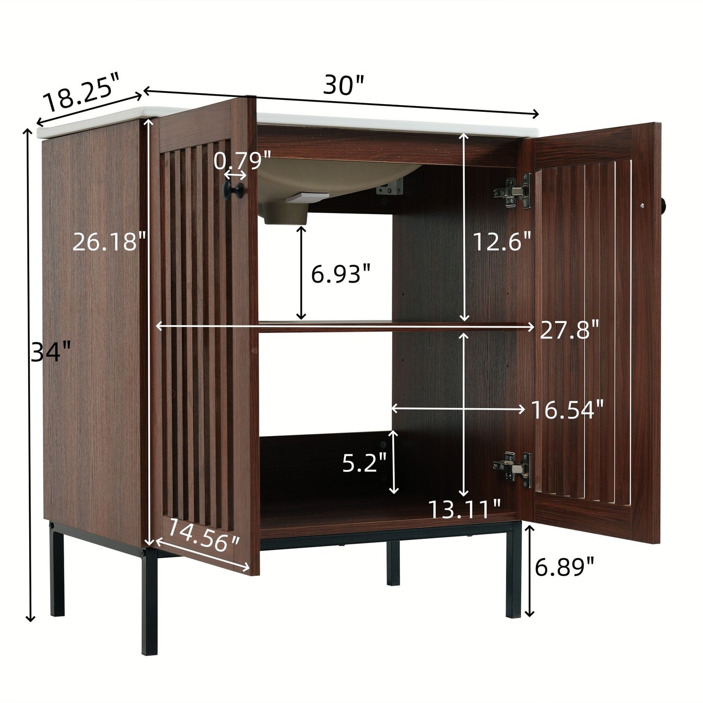 30" Vintage Bathroom Vanity With Ceramic Sink, Modern Bathroom Vanity Cabinet With 2 Soft Close Doors, Equpiied With 4 Sturdy Iron Legs - Antique Dark Brown Noble House