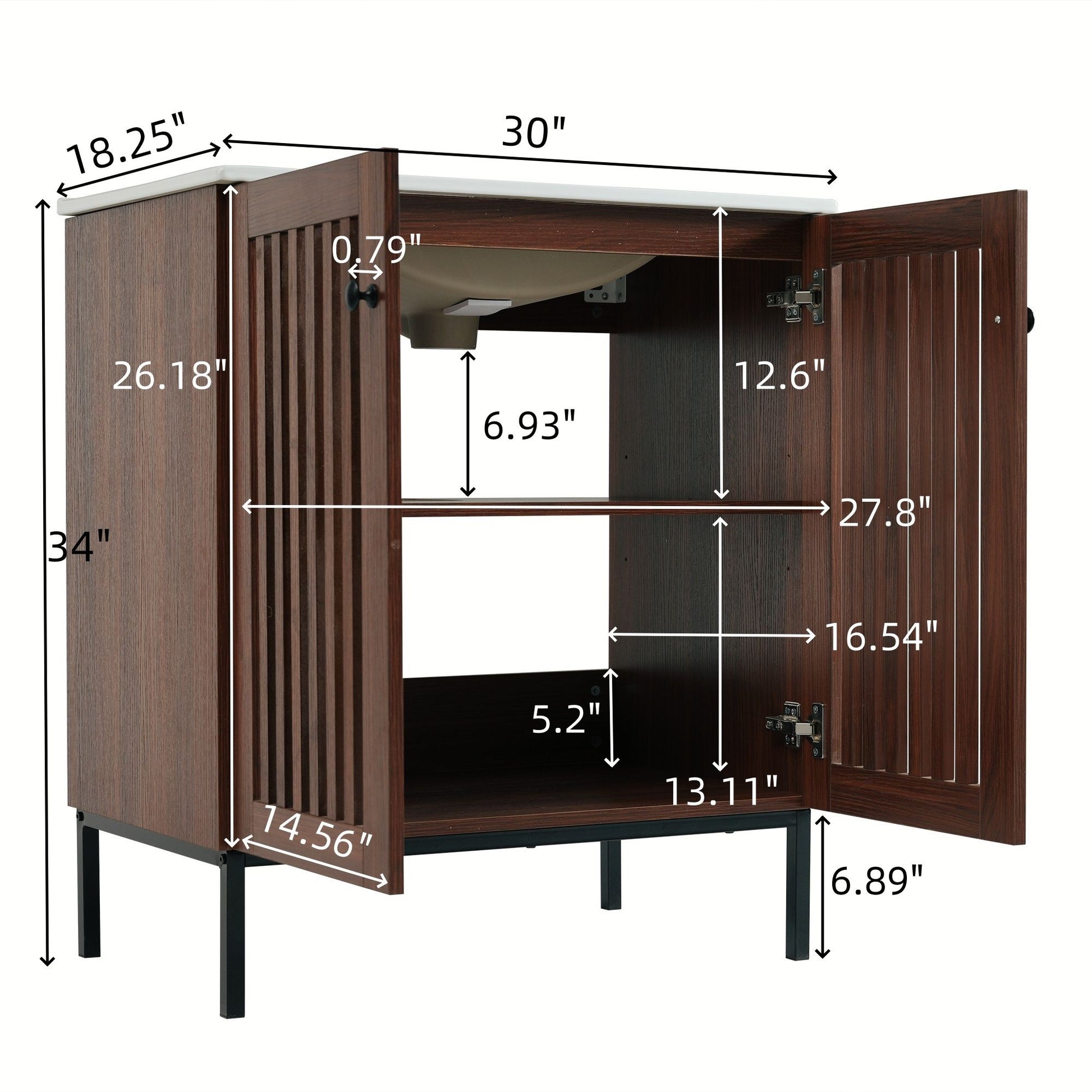 30" Vintage Bathroom Vanity With Ceramic Sink, Modern Bathroom Vanity Cabinet With 2 Soft Close Doors, Equpiied With 4 Sturdy Iron Legs - Antique Dark Brown Noble House