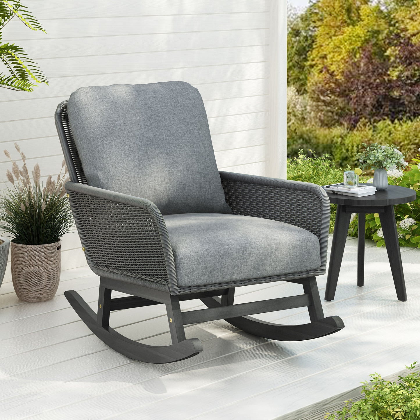 Contemporary Minimalist Wicker Rocking Chair With Soft Cushions Noble House