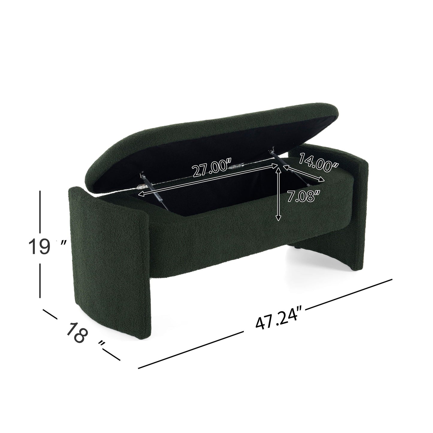 Elegant Long Shaped Storage Ottoman Bench, Boucle Material, Simple And Grand Design - Dark Green Noble House