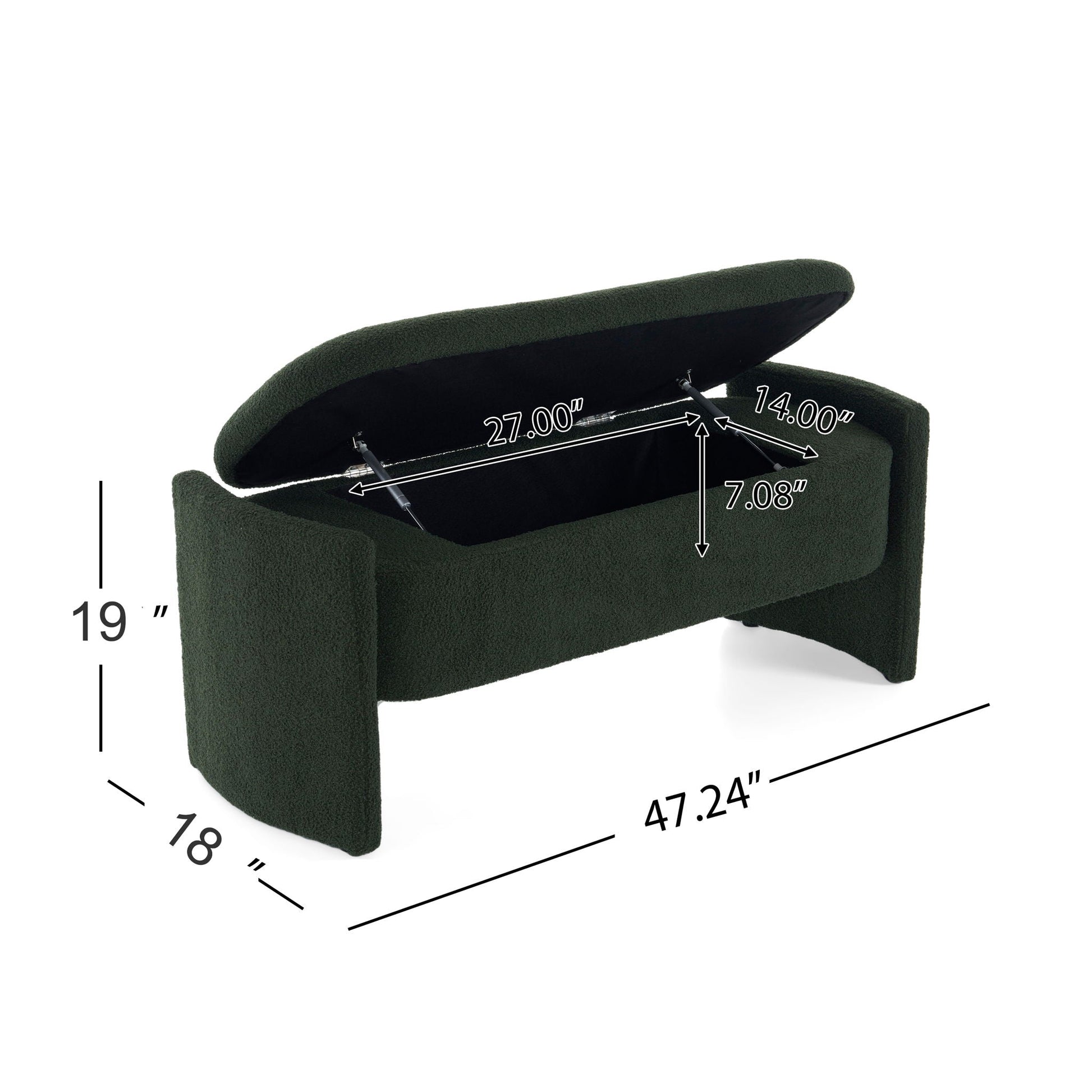 Elegant Long Shaped Storage Ottoman Bench, Boucle Material, Simple And Grand Design - Dark Green Noble House