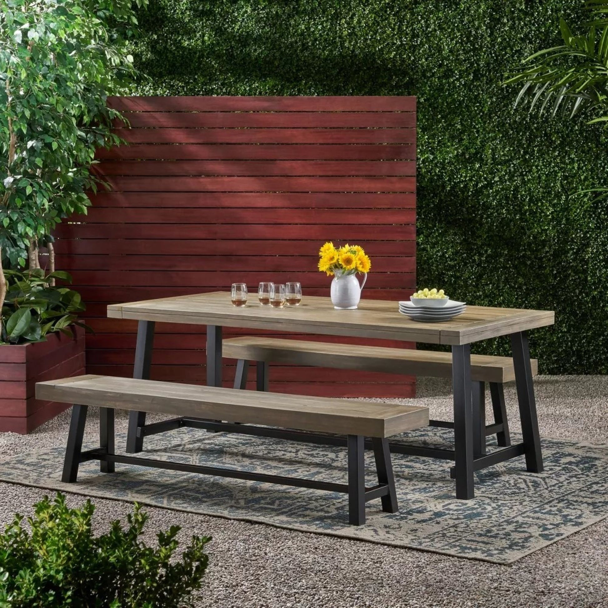Outdoor 3 Piece Picnic Dining Set - Gray / Rustic Metal Noble House