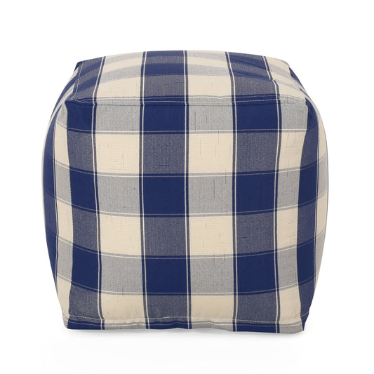 Connor - Checkered Square Pouf Ottoman And Floor Cushion - Ivory / Navy Home Essentials