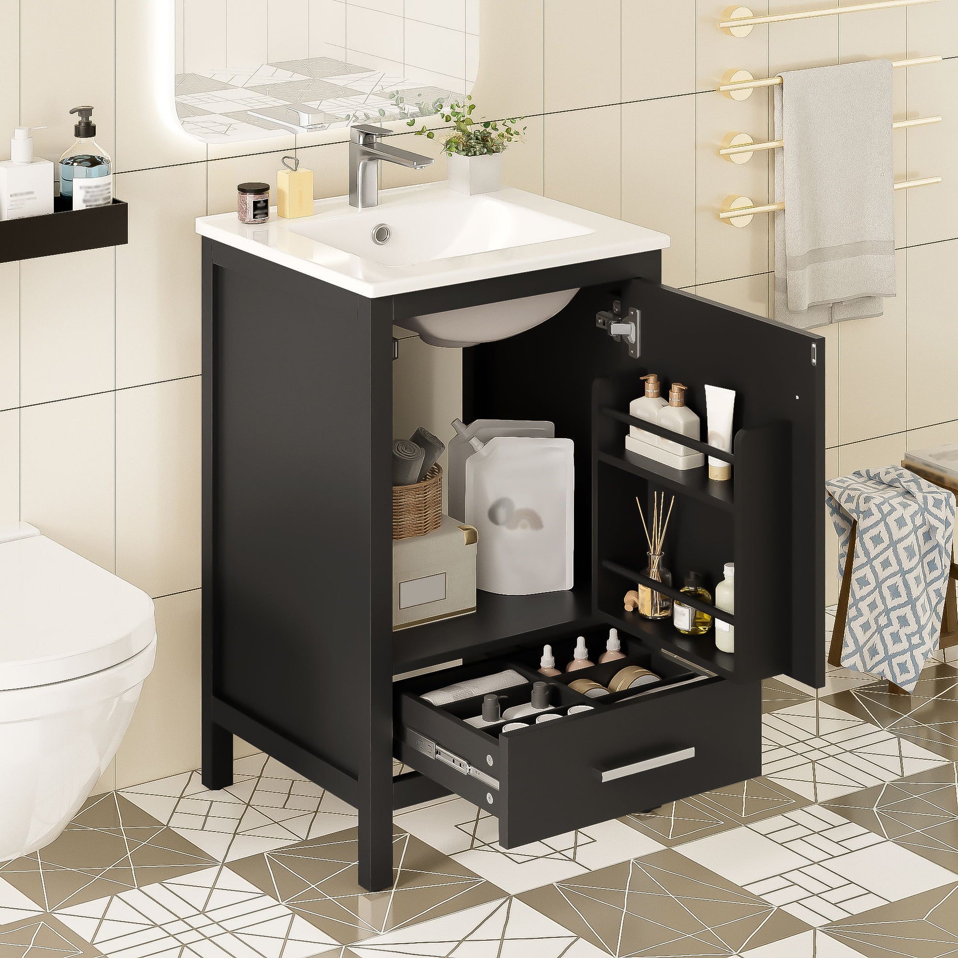Bathroom Vanity With Ceramic Sink, Soft Close Drawers, Door Organizer, Divider Drawer, Adjustable Foot Pads Hearth and Haven