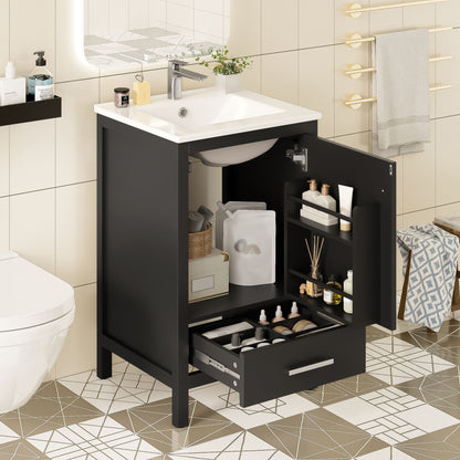 Bathroom Vanity With Ceramic Sink, Soft Close Drawers, Door Organizer, Divider Drawer, Adjustable Foot Pads Hearth and Haven