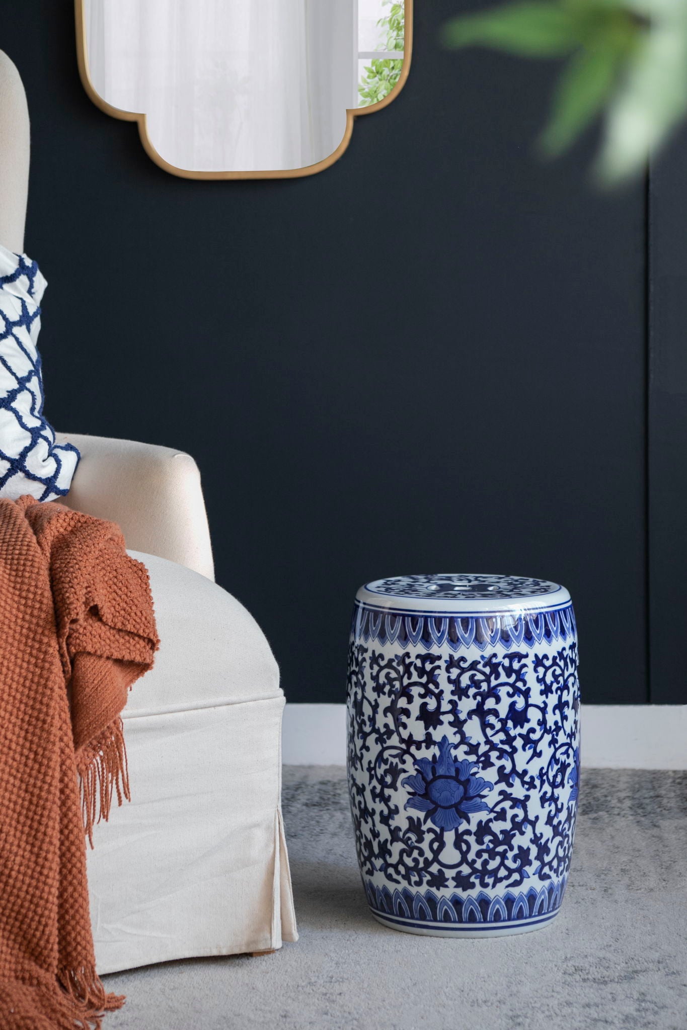 Ceramic Garden Stool, Small Side Tabel - White / Blue Home Essentials