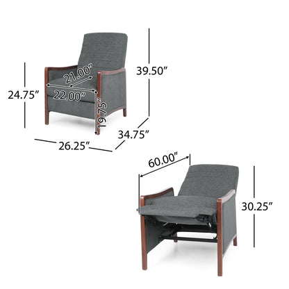Mendota - Mid Century Modern Fabric Channel Stitch Wood Pushback Recliner - Gray Noble House