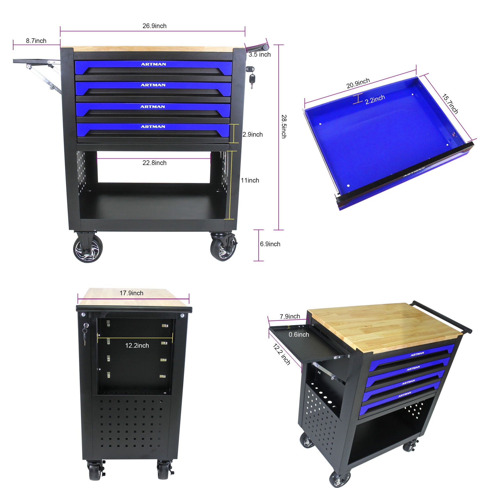 4 Drawers Multifunctional Tool Cart With Wheels And Wooden Top Daily Nest