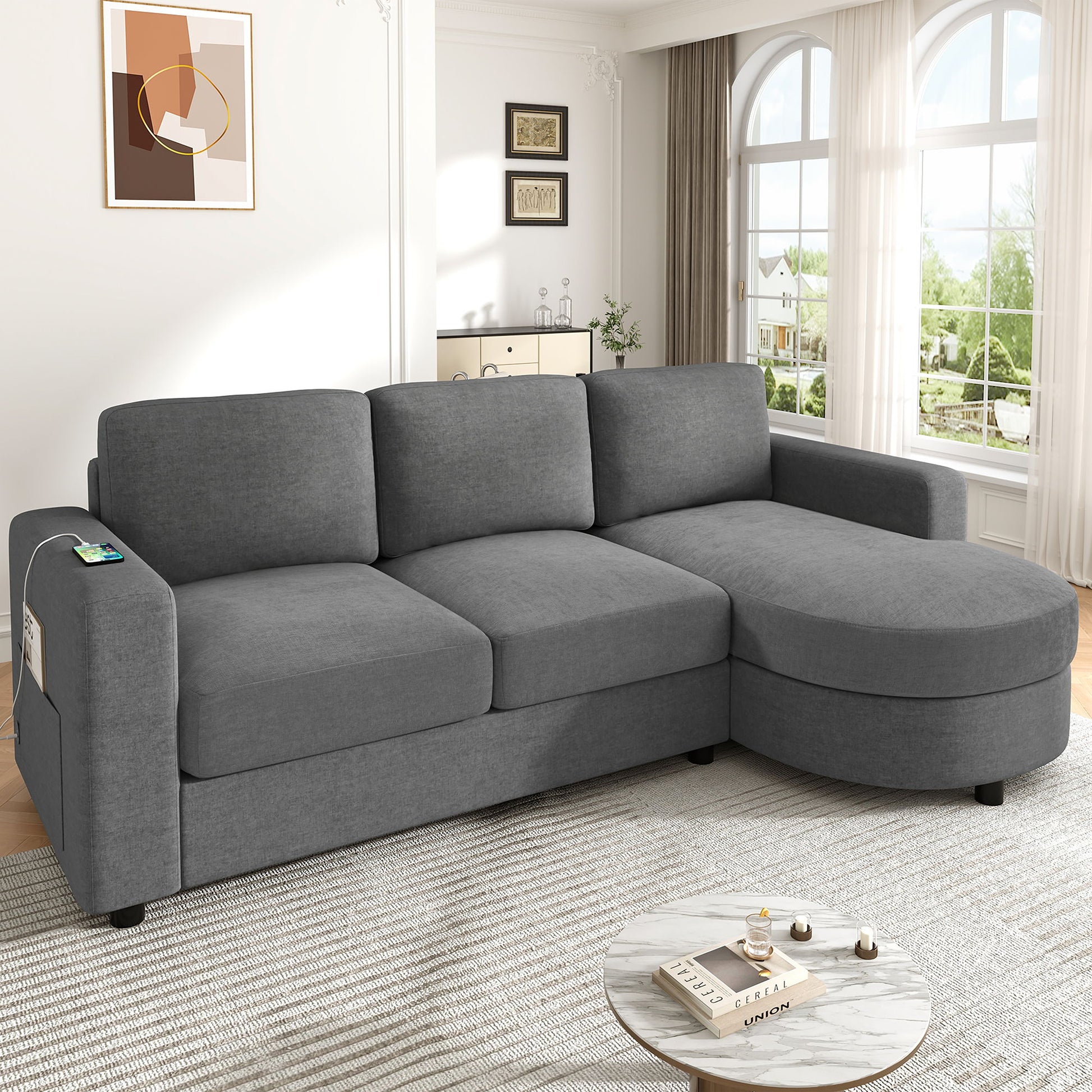 Modern L-Shaped Sectional Sofa With Curved Chaise, USB Ports, And Side Storage Pockets Hearth and Haven