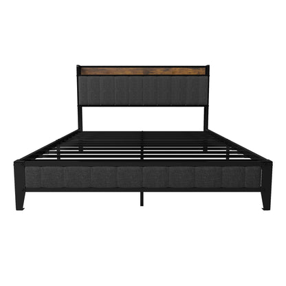 Bed With Charging Station, American Design Upholstered Headboard, Metal Platform Home Essentials