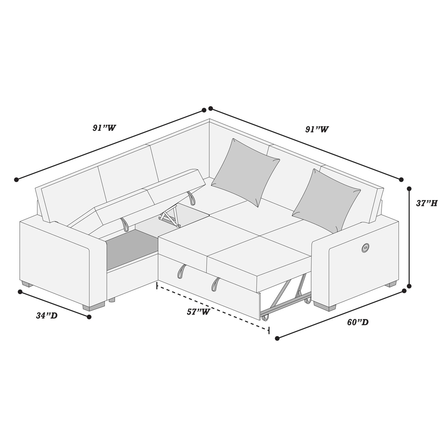 Convertible Sectional Upholstered Sleeper Sofa With Storage Chaise Home Essentials