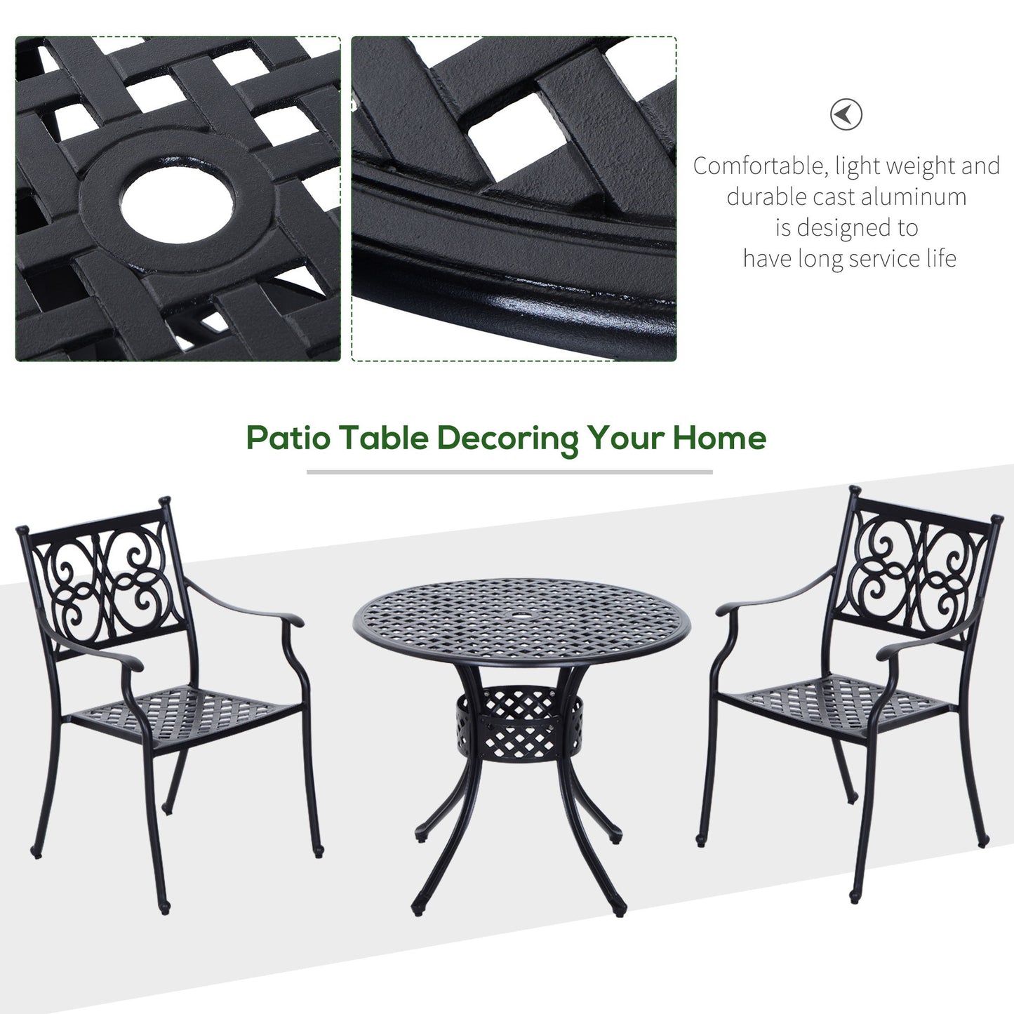 Outsunny - 33" Patio Dining Table Round Cast Aluminium Outdoor Bistro Table With Umbrella Hole - Black