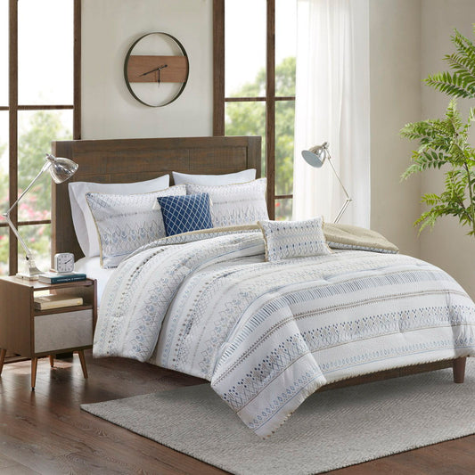 Fraser - 5 Piece King Printed Seersucker Comforter Set With Throw Pillows - Taupe Multi