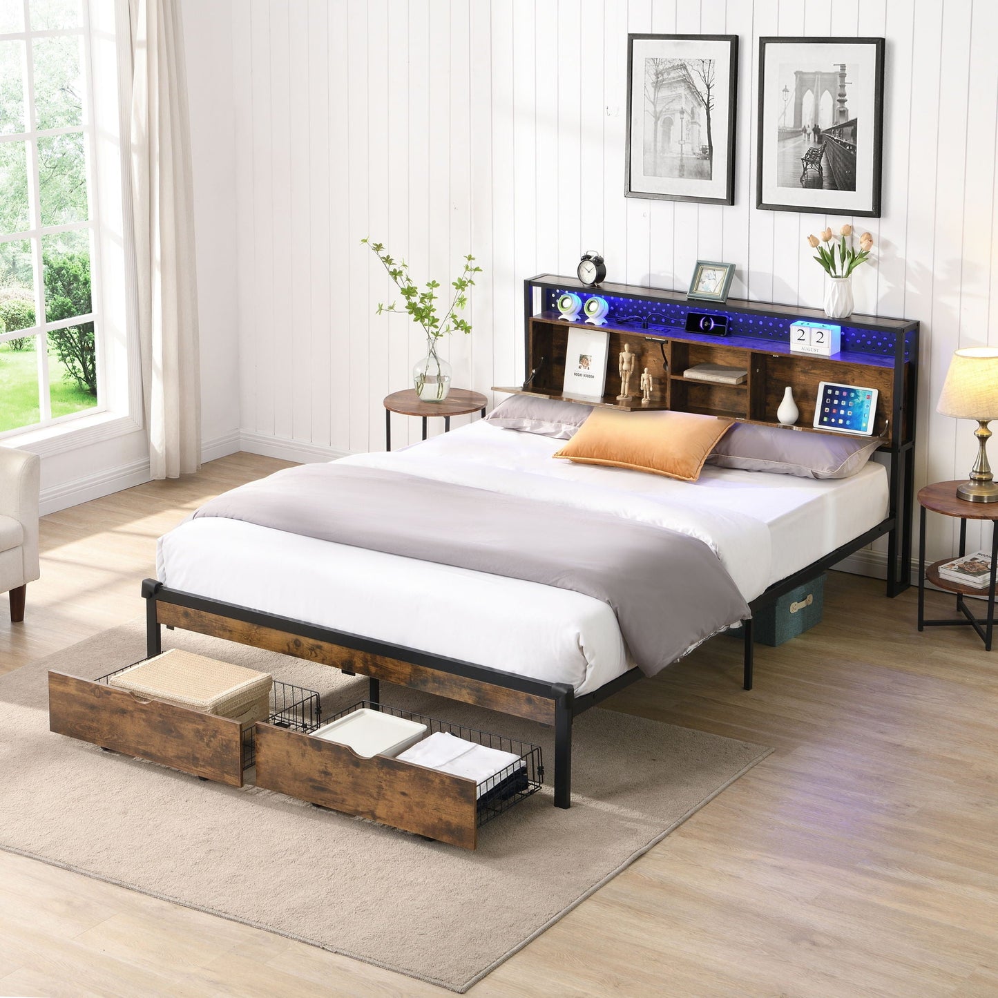 Modern Platform Bed, USB Charging Station, 2 Drawers, LED Lights Home Essentials
