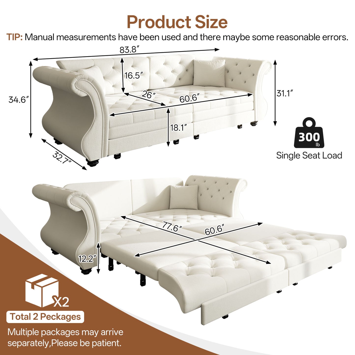 Oversized Chesterfield Pull Out Sofa Bed, Roll Arm Couch With Flower Tufting For Living Room Home Essentials
