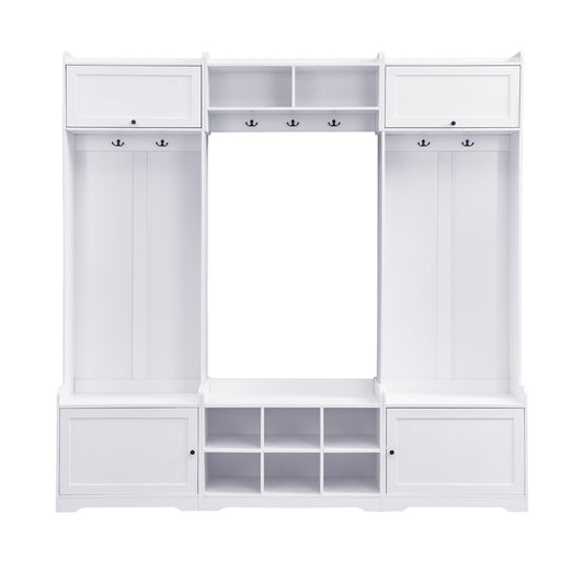 Wide Hall Tree With Shoe Storage, 4 In 1 Entryway Bench With 8 Cubbies, 7 Coat Hooks & Adjustable Shelf For Hallway - White Hearth and Haven