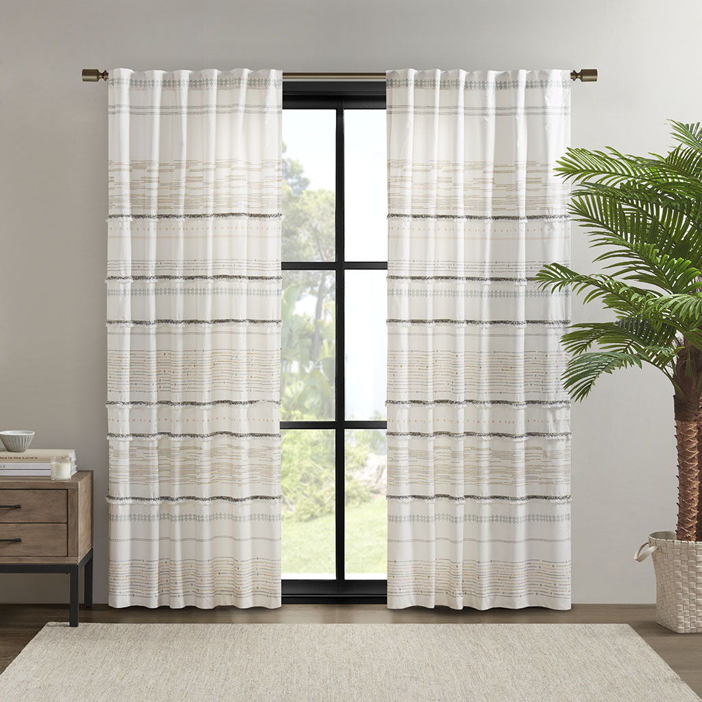 Nea - Printed Window Panel With Tassel Trim And Lining - Off White / Gray