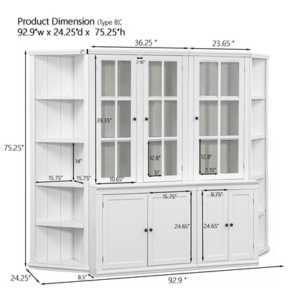 Retro Style Wall Suit With Glass Doors, 75.25" Tall Display Cabinets & Triangle Sided Bookshelves - White Hearth and Haven