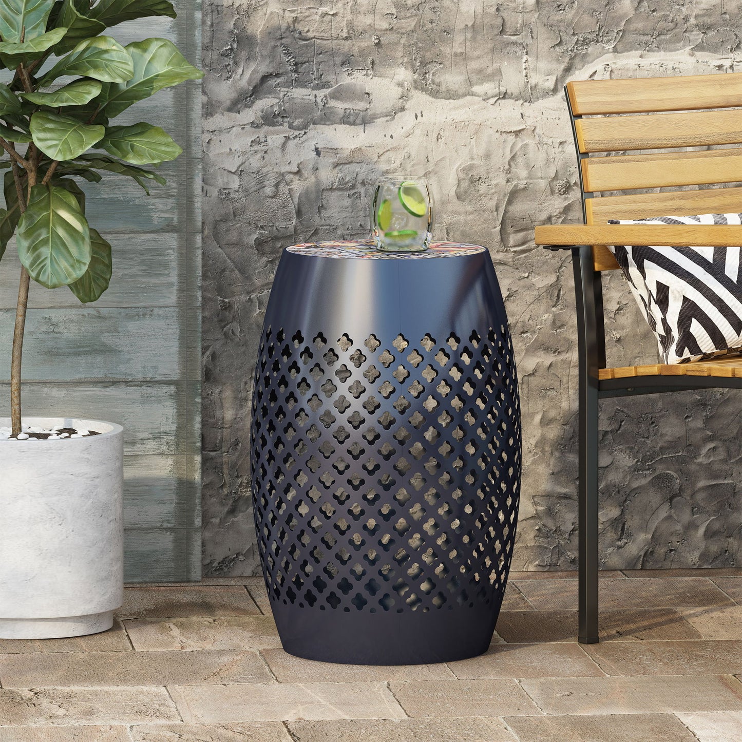 Roswell - Outdoor Side Table With Mosaic Tile Top Noble House