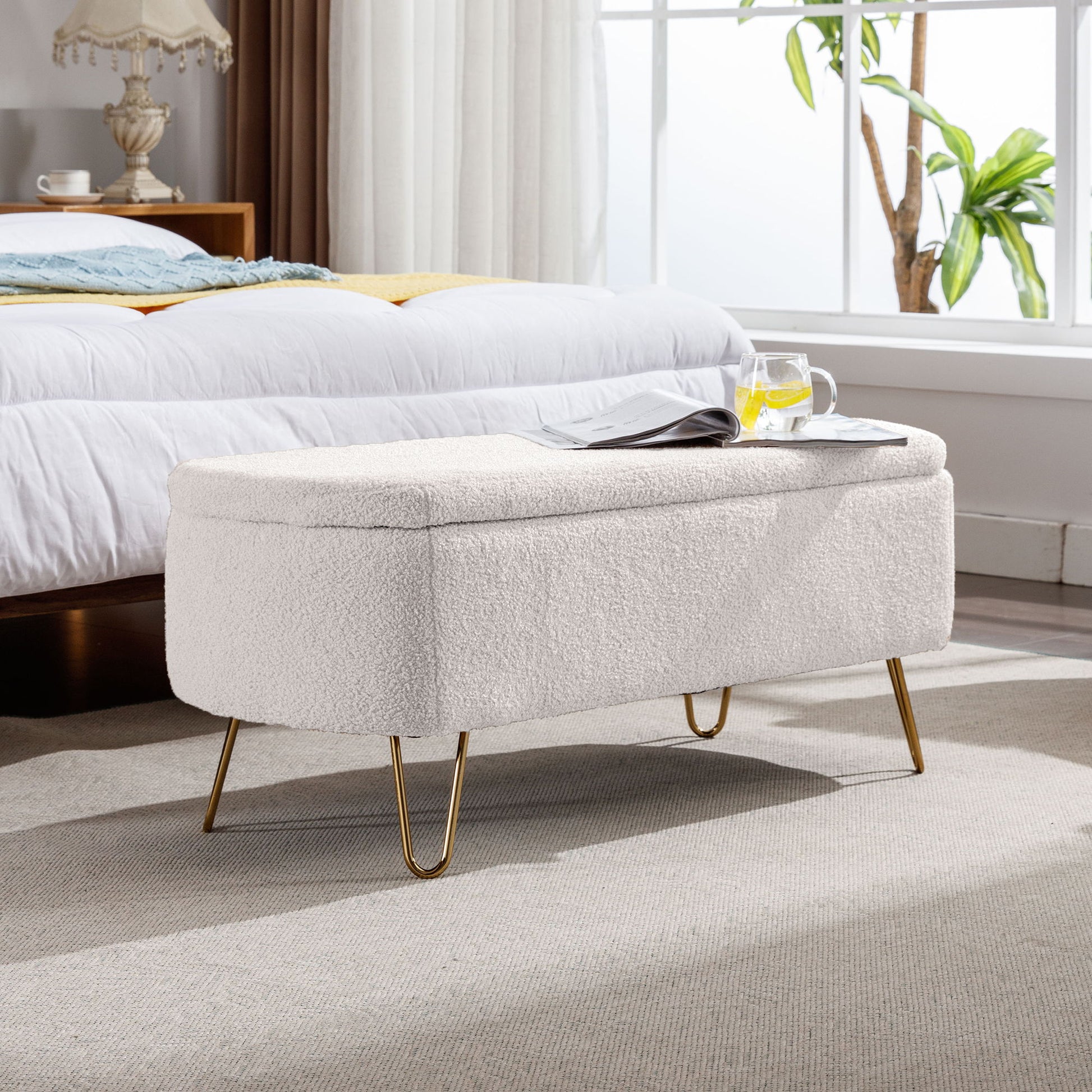 Storage Ottoman Bench For End Of Bed Gold Legs, Modern Camel Faux Fur Entryway Bench Upholstered Padded With Storage For Living Room Bedroom Home Essentials