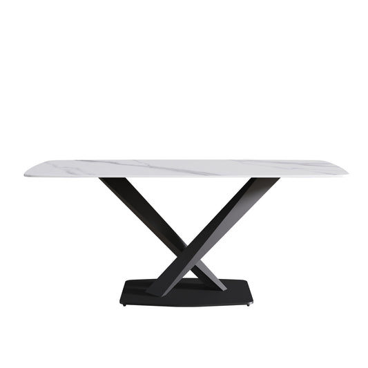 70.87" Modern Artificial Stone White Curved Black Metal Leg Dining Table, Can Accommodate 6-8 People - White / Black Home Essentials