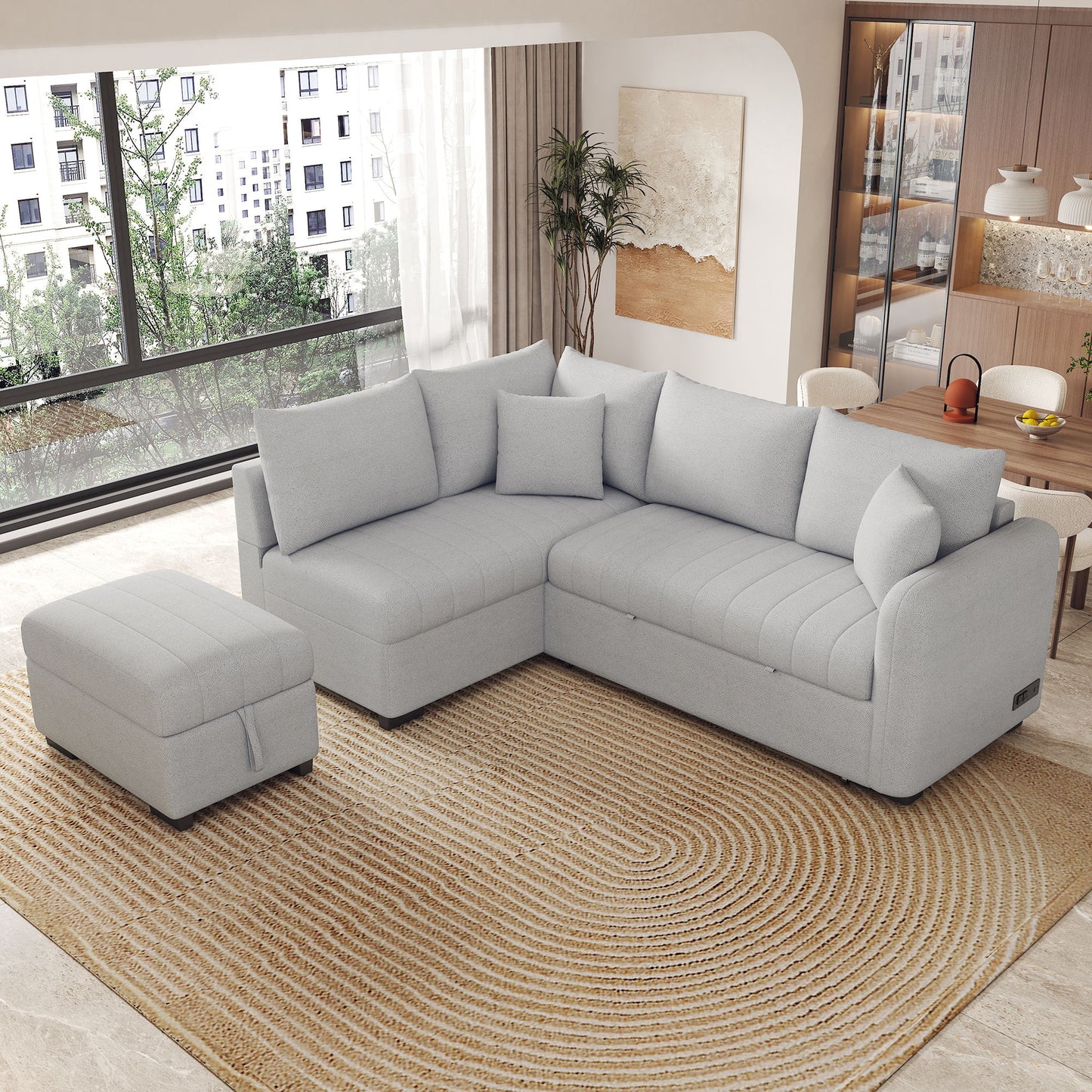 L-Shaped Sectional Pull Out Sofa Bed Sleeper Sofa With Two USB Ports, Two Power Sockets And A Movable Storage Ottoman Hearth and Haven