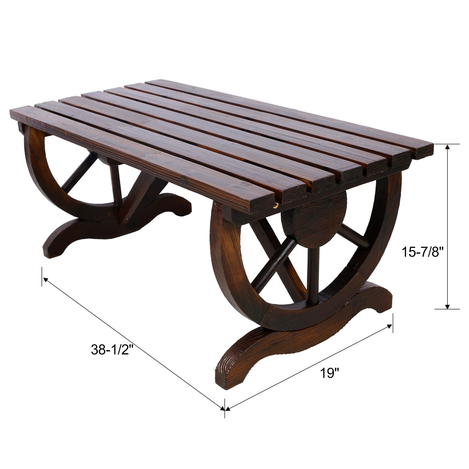 Rustic Wooden Bench With Wagon Wheel Legs For Garden And Patio - Brown Home Essentials